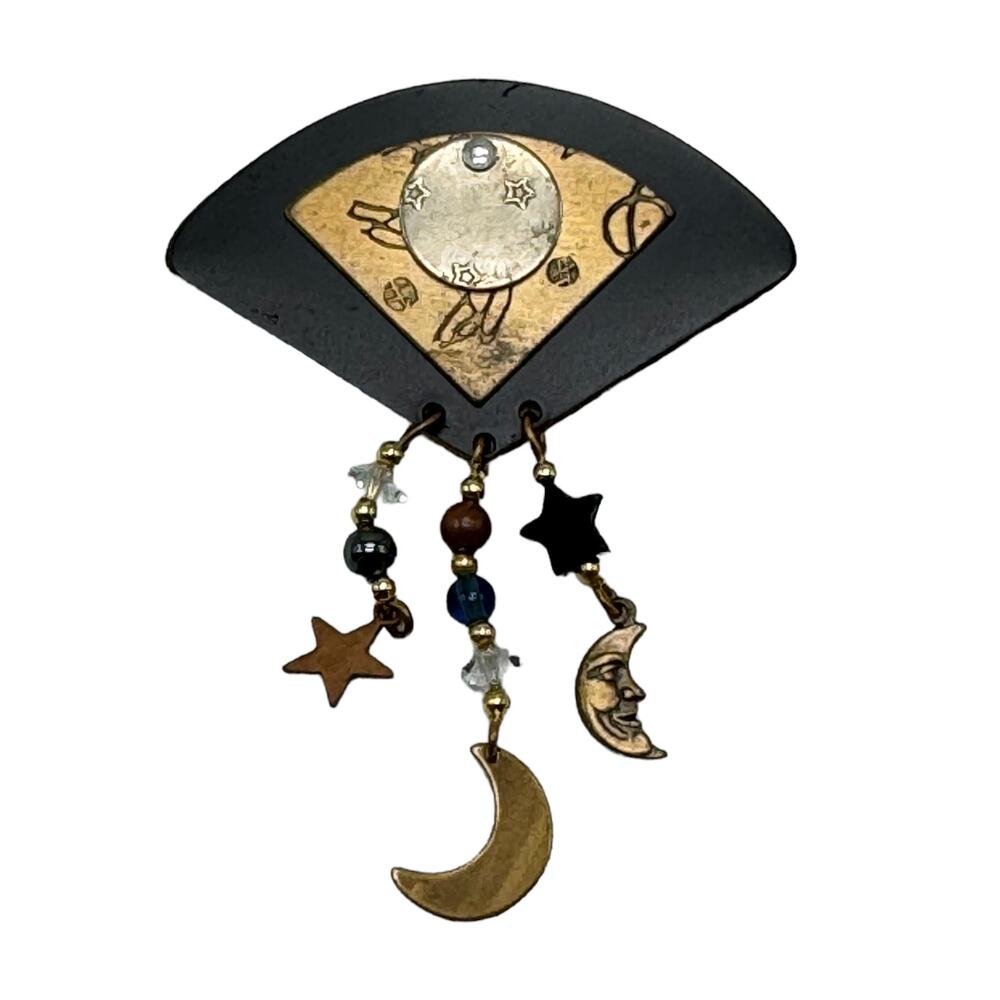 Vintage 1980's Fan Shaped Brooch with Dangling Moons and Star